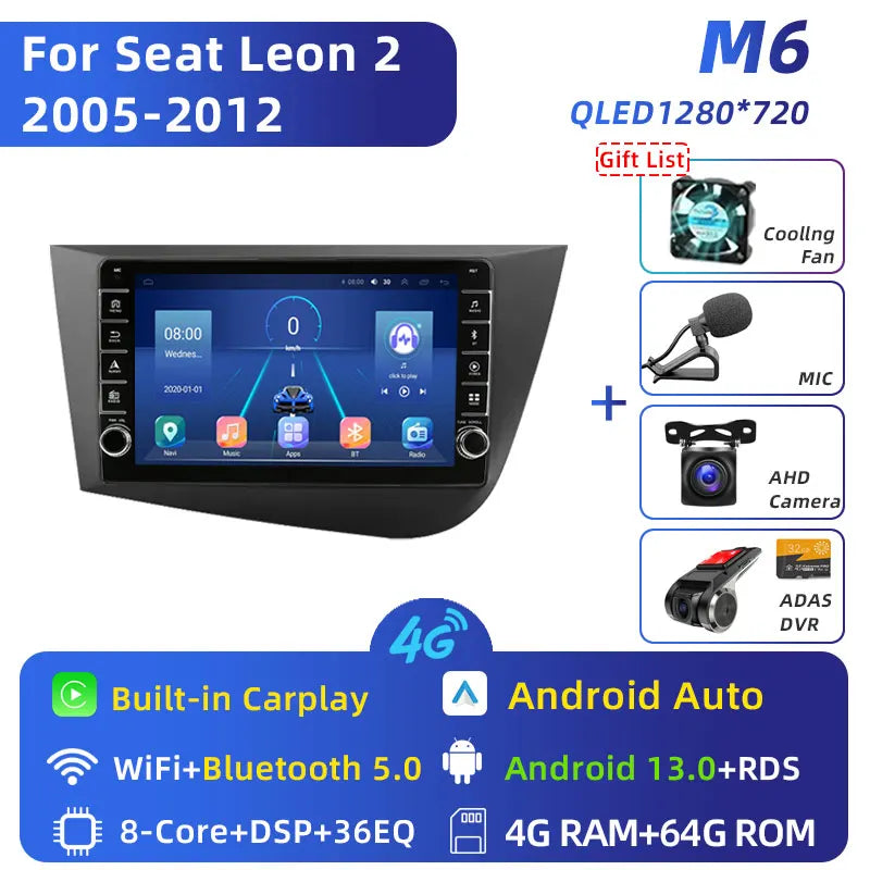 Jundof 2 Din Android 12 For Seat Leon 2 MK2 2005-2012 Car Radio Multimedia Video Player Carplay Stereo Autoradio DVD IPS Screen