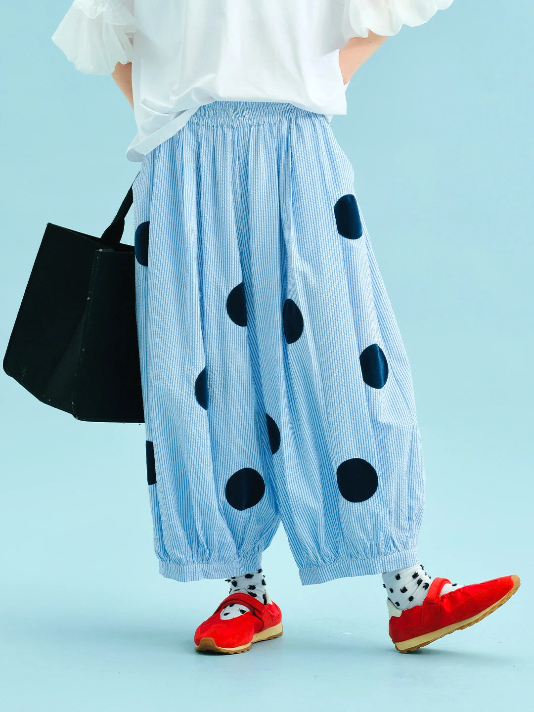 Sky blue pants 2025 imakokoni summer Japanese pure cotton foam yarn blue and white striped polka dot thigh pants 255045