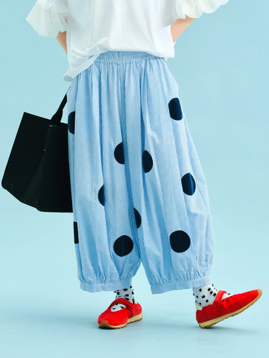Sky blue pants 2025 imakokoni summer Japanese pure cotton foam yarn blue and white striped polka dot thigh pants 255045