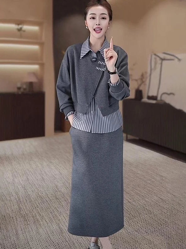 Fashionable Fake Two-Piece Hoodie Split  Skirt Set Women's Long Sleeve  Collar Polyester Fiber Slimming Design Autumn...