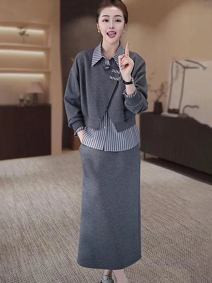 Fashionable Fake Two-Piece Hoodie Split  Skirt Set Women's Long Sleeve  Collar Polyester Fiber Slimming Design Autumn...