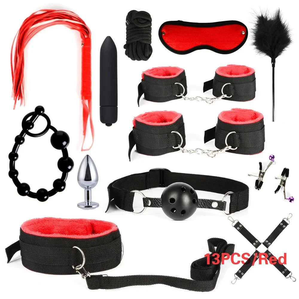 Sex Products Erotic Toys for Adults BDSM Sex Bondage Set Handcuffs Nipple Clamps Gag Whip Rope Sex Toys For Couples