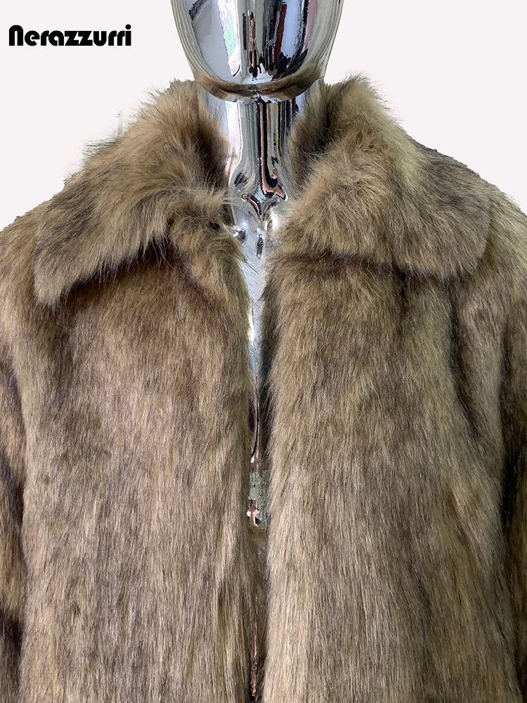 Nerazzurri Winter Short Thickened Warm Soft Hairy Shaggy Fluffy Faux Fox Fur Coat Men Long Sleeve Turn-down Collar Fluffy Jacket
