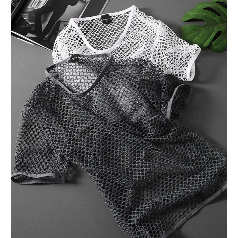 Men's Fishnet Mesh T-Shirt See Through O-neck Short Sleeve Hollow Out Tops Breathable Streetwear Nightclub Party Sheer T Shirts