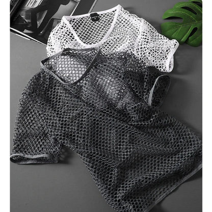 Men's Fishnet Mesh T-Shirt See Through O-neck Short Sleeve Hollow Out Tops Breathable Streetwear Nightclub Party Sheer T Shirts