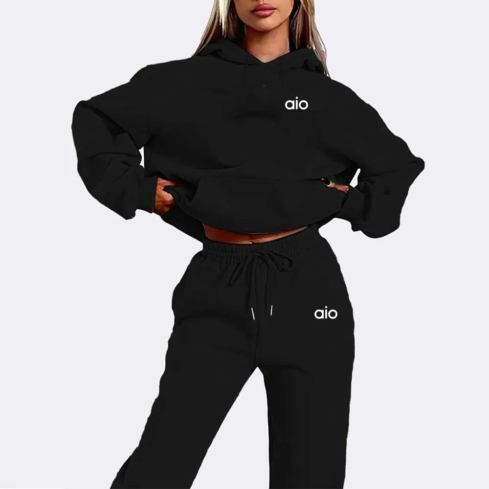Autumn and Winter Fashion Print Two-Piece Set: Elegant Lounge Sweater with Long Sleeves and Fleece Lining, Plus Drawstring Joggi