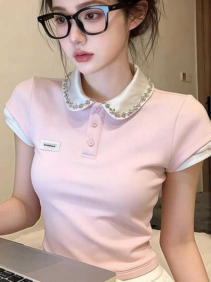 Miu Series Pink Girl Style Doll Collar Short Sleeve  Shirt Women Summer Color Block Fake Two-Piece Shoulder Fit Top