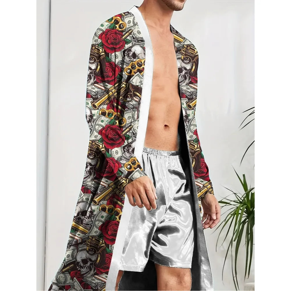 Men Robe 2025 Autumn Men's Trendy Casual Skull Head Rose US Dollar Bill Printing Pattern Home Casual Comfortable Nightgown
