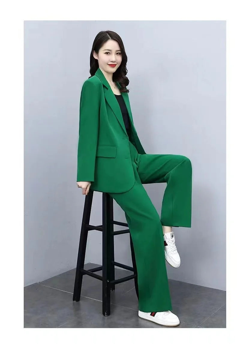 Spring 2026 plus Size Suit Set Loose Wide Leg Pants Two Piece Set Korean Style Commute Casual High Waist Polyester Fiber
