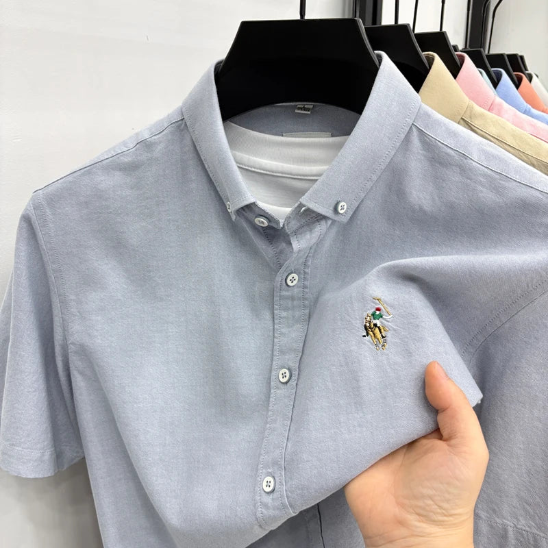 100% Pure Cotton Men's Short Sleeved 2026 New Brand Embroidered Trendy Shirt for Men's Casual Summer Wear