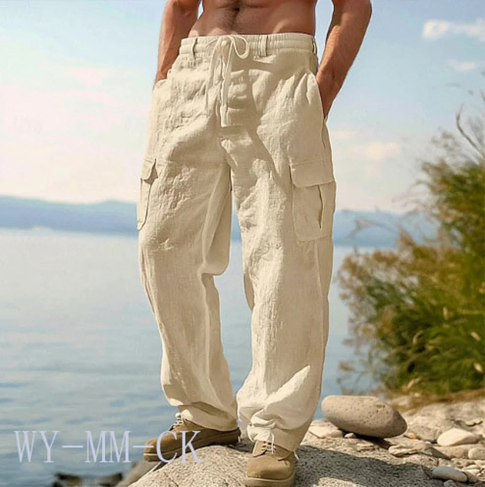 European And American Men's Cotton And Linen Trousers Multi-pocket Work Pants Loose Straight Sportswear And Casual Trousers