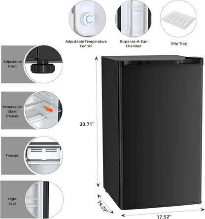 Mini Compact Refrigerator with Freezer, 3.2 Cu.Ft. Single Door with Adjustable Thermostat,Removable