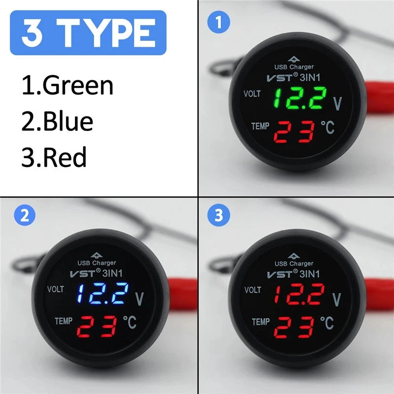 3 in 1 12V/24V LED Digital Ammeter Voltmeter USB Thermometer for Car Cigarette Lighter Temperature and Battery Voltage Indicator