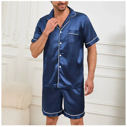 Solid Color Sleepwear Silk Satin Pajamas Couple Set Short-sleeved Pyjamas Suit Pijama Women Men Loungewear Plus Size Pj Set
