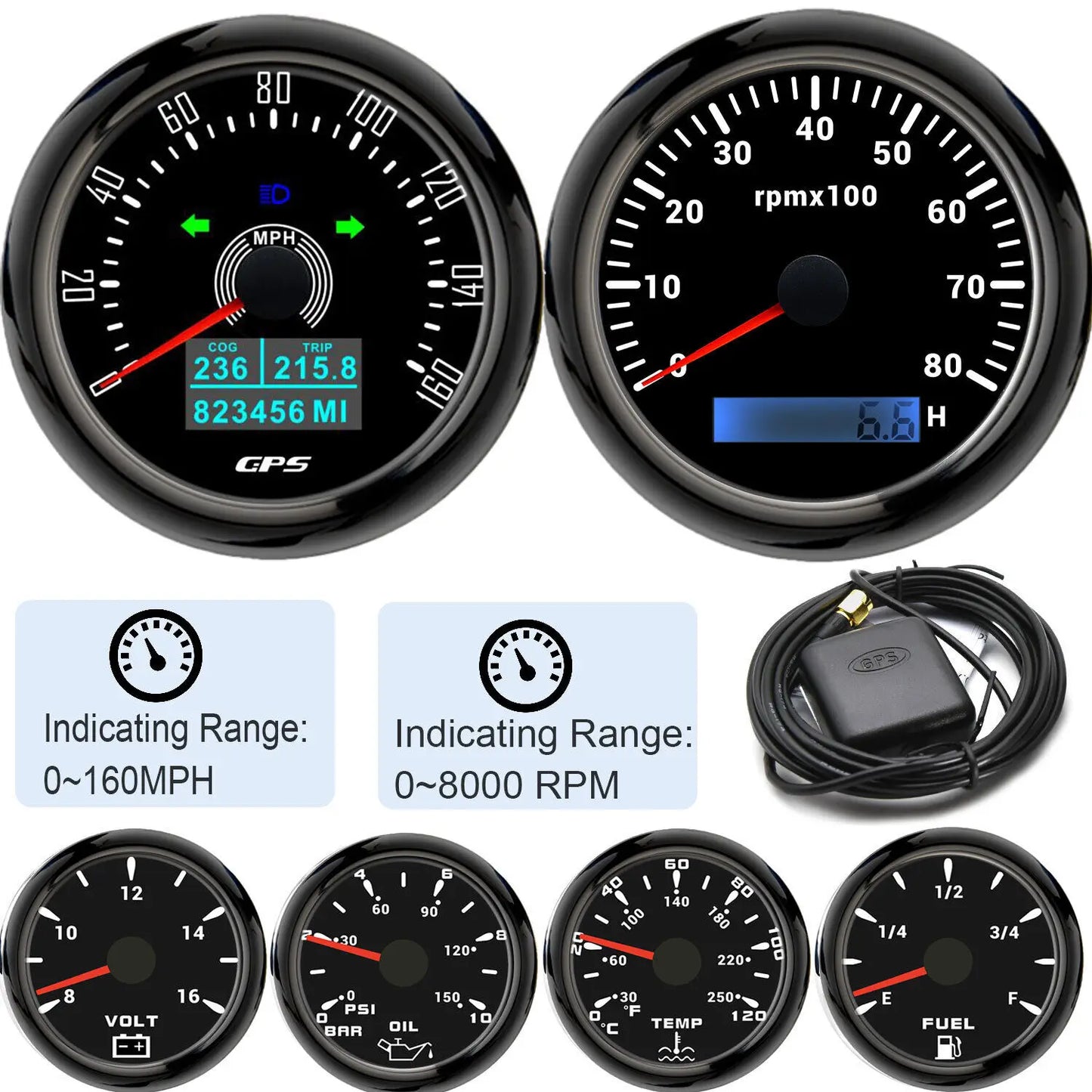 6 Gauge Kit 85mm GPS Speedometer 200KM/H Tachometer 8000RPM Fuel Level Water Temp 0-120℃ Oil Pressure Gauge 12V Voltage Meter