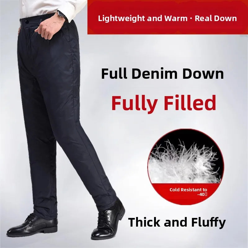 Men's down Pants Thick Warm Cold Resistant Elastic Waist Cotton Pants Outdoor Wear Loose White Duck down Middle Age Dad Pants