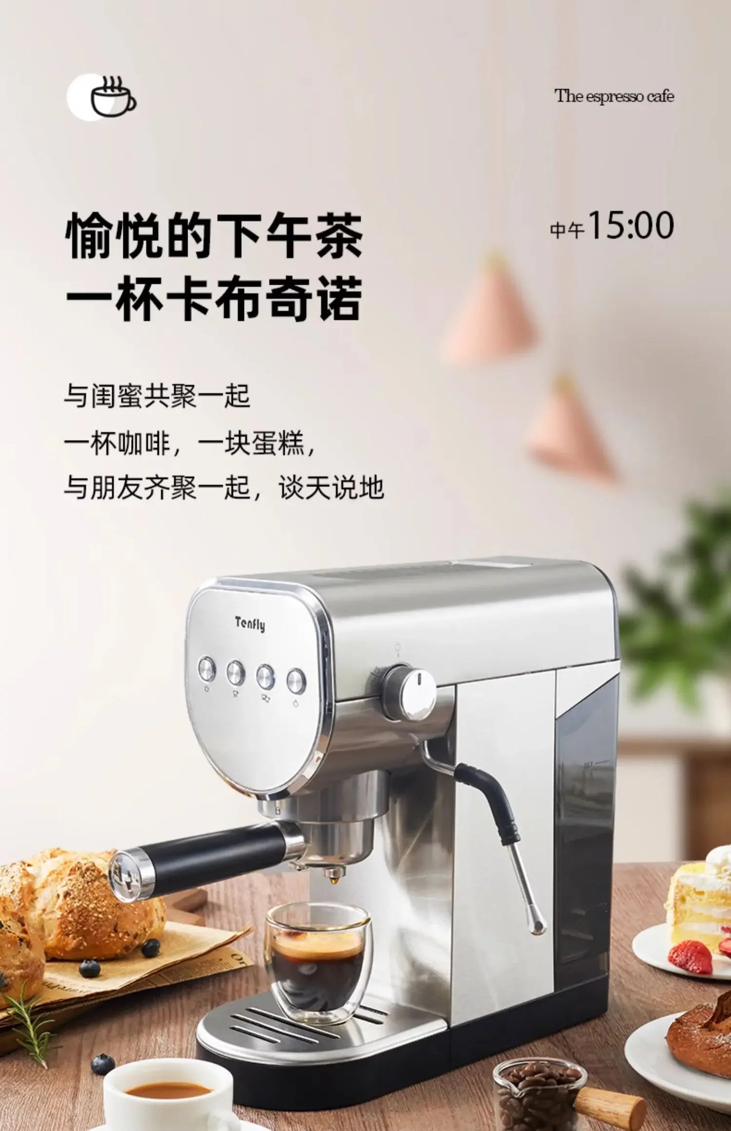 220V Tenfly Semi Automatic Espresso Machine 20Bar Pump Compact Home Coffee Maker with Steam Milk Frother AF