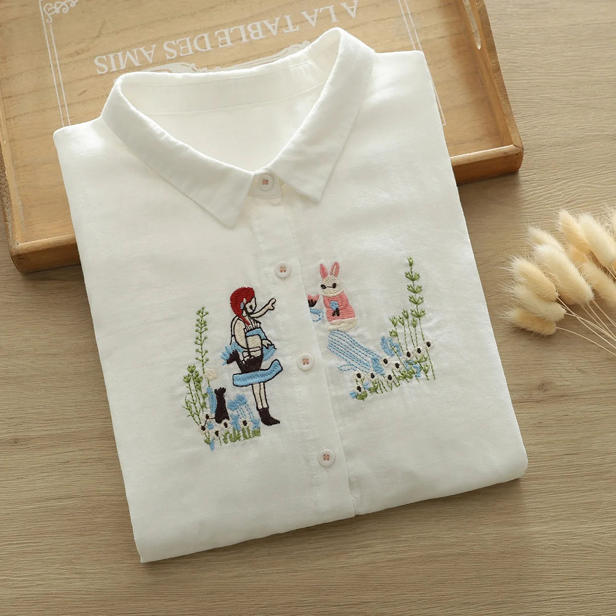 Women's blouses trend 2026 loose cotton yarn white cartoon girl embroider shirts and blouses Japan style 3/4 sleeves top