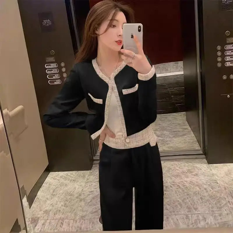 Elegant Fashion Set Women's Spring Autumn New Style Small Fragrance Wind Coat Wide Leg Pants Two Piece Set High Waist Long Pants