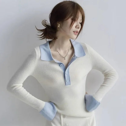 Long Sleeve Female Tee Knitted Button Women's Polo Shirts Contrasting Colors T-shirts Youthful Clothes Pretty Polyester on Offer