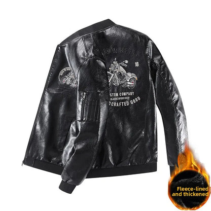 Leather Jacket Men's Baseball Collar Fleece Lined Thick Loose Casual Trendy Motorcycle Clothes Jacket Embroidered Outerwear