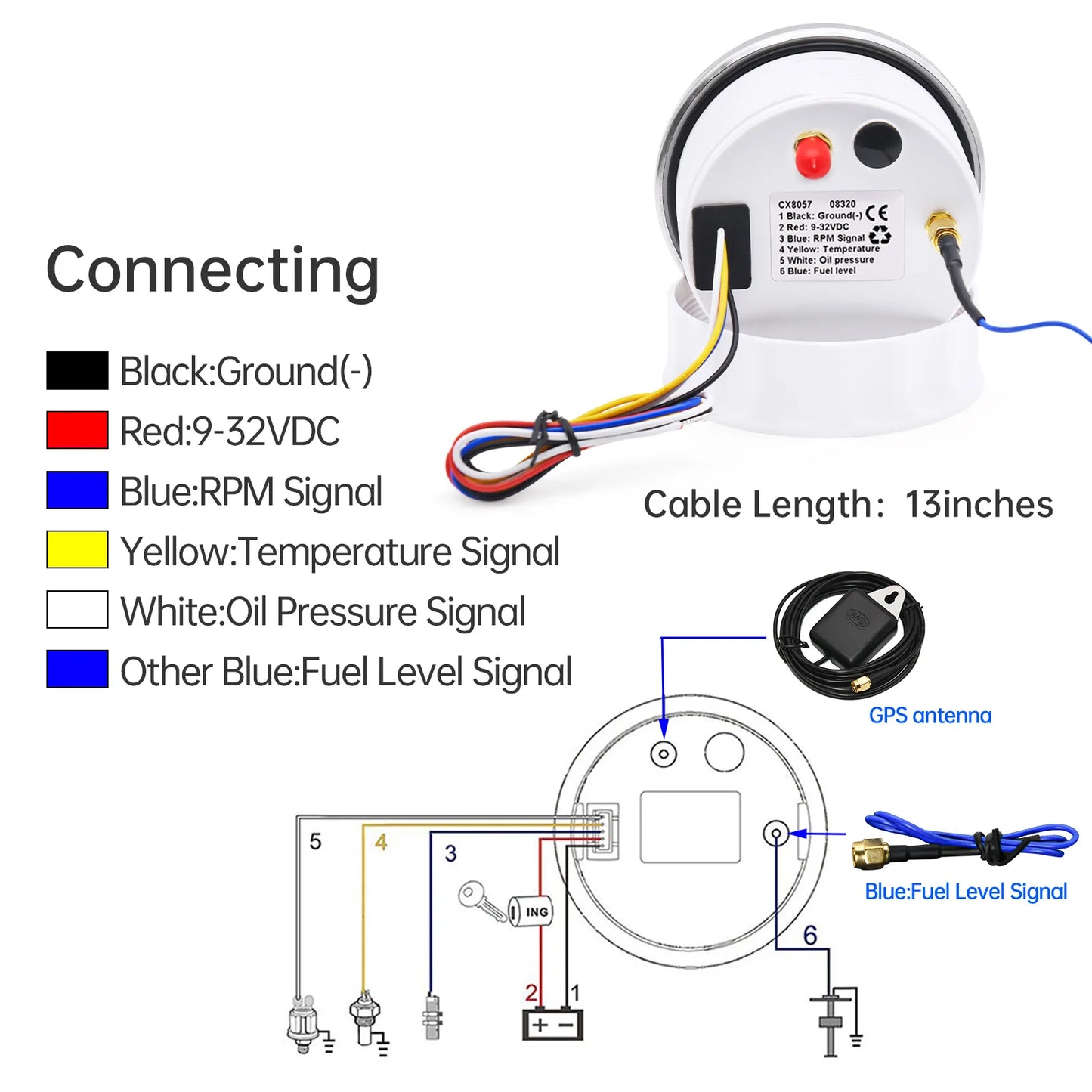 6 In 1 85mm Gauge GPS Speedometer+Tachometer+Fuel Level Gauge+Oil Pressure+Water Temp+Voltage for Car Boat Marine 12V24V Custom