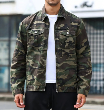 Men's Camouflage Work Jacket, Lapel Zipper Multi-pocket Casual Coat, Retro Trendy Top