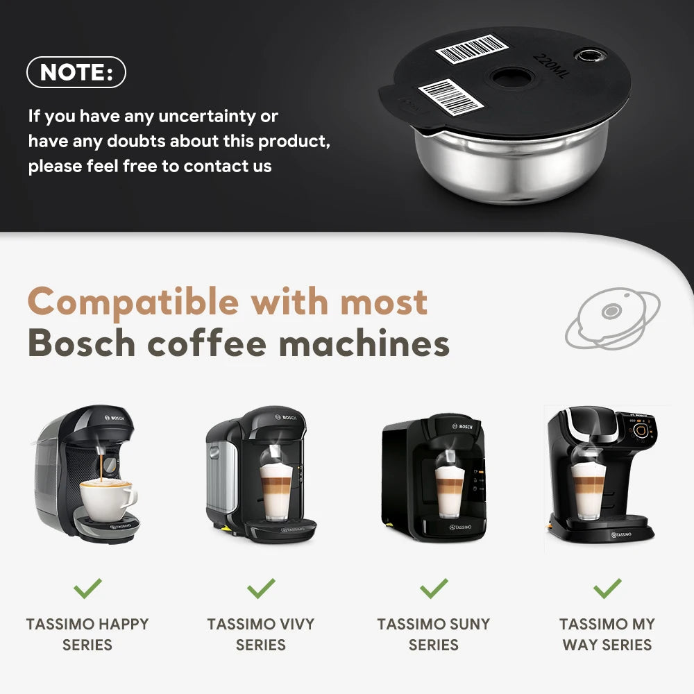 Stainless Steel Reusable Tassimo Coffee Pod Refillable Coffee Capsule for Bosch Tassimo Maker 60 180 200 220ML Silicone Lid