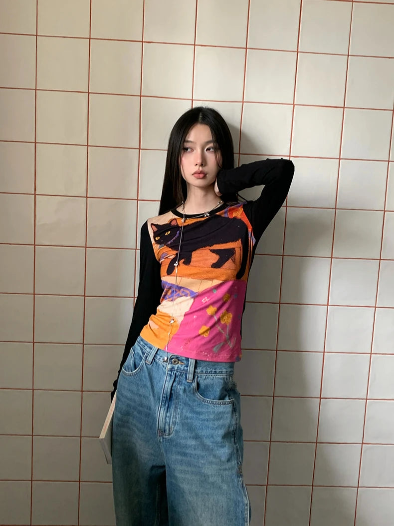 CHEERART Cat Funny Graphic T Shirts Long Sleeve Top For Woman Illustration Print Patchwork Cute Tees Designer Clothes 2025