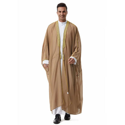 Middle Eastern Men's Long Robe Muslim Dress Kimono Islamic Clothing Prayer Ramadan Eid Al Fitr Hanging Tassel Outer Garment
