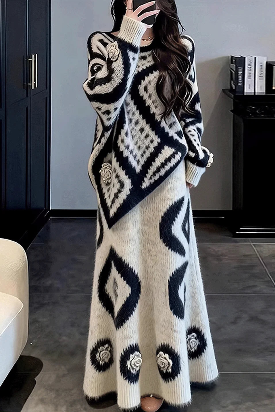 Soft Knitted Set Women's Winter Sweater  Skirt Two-Piece Set Elegant Unique Beautiful Whole Set Fashionable Fre...