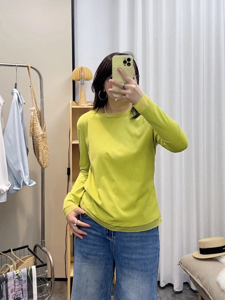 Spring New plus Size round Neck Mesh Splice Loose Long Sleeve Base Shirt Women Fat MM Slimming Belly Cover Simple T-shirt