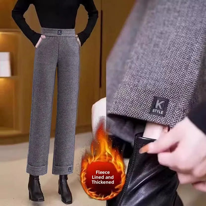 Women's Winter Fleece Lined Straight Leg Pants High Waist Casual Trousers Nine Point Length Autumn Winter Outerwear Versatile