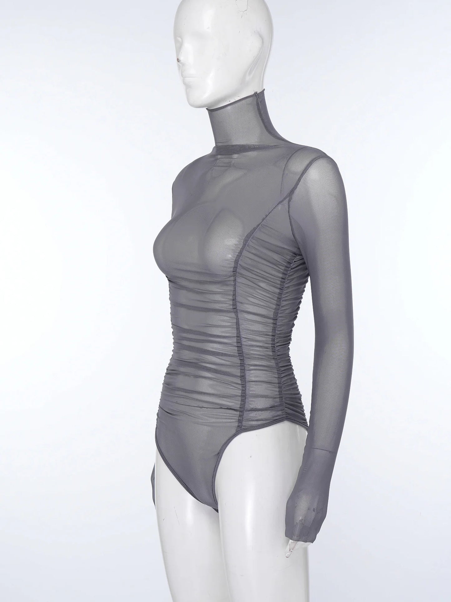 Womens Nightclub Beach Bodysuit Sheer Mesh Side Ruched High Collar Long Sleeve Button Crotch Leotard See Through Cover Up Outfit