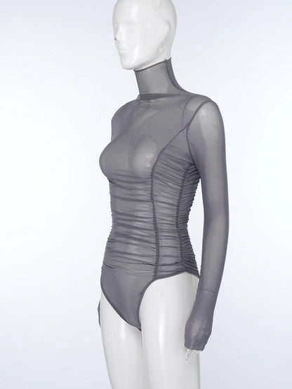 Womens Nightclub Beach Bodysuit Sheer Mesh Side Ruched High Collar Long Sleeve Button Crotch Leotard See Through Cover Up Outfit