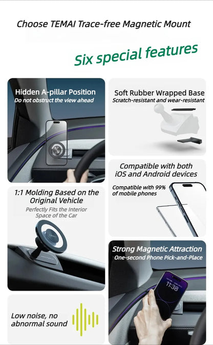 TEMAI A-Pillar Traceless Magnetic Floating Mount for Tesla Model 3 Highland Model Y/YL Juniper, Stylish Phone Mount