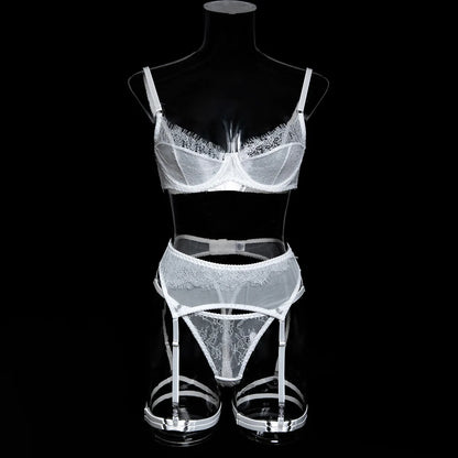 Ellolace Fancy Lingeries Sexy Hot Elegant Bra 3PC Set with Leg Circles Sissy Solid Color Intimate Eyelash Lace Patchwork Costume