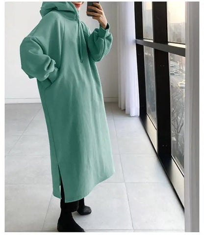 Korean Style Fleece Lined Long Hoodie Dress Women's Thickened Split Slimming Autumn Winter Dress Cotton Polyester Blend