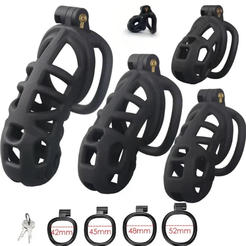 Male Penis Lock Chastity Cage with Lock and 4 Rings Resin Virginity for Men Breathable Cock Ring Penis Fetish Restrain Sexy Toys