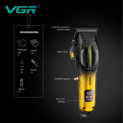 VGR high-end professional hair clipper gradient metal body hair trimmer 9000 RPM LCD digital display electric push shear V-026