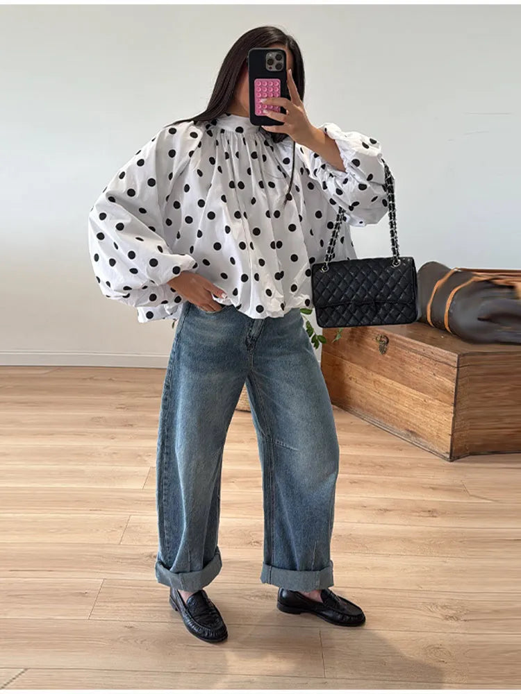 2026 New Women's Two-tone Polka Dot Shirt Mandarin Collar Puff Sleeve Backless Lace-up Spring Summer Loose Casual Fashion Top