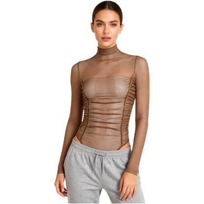 Womens Nightclub Beach Bodysuit Sheer Mesh Side Ruched High Collar Long Sleeve Button Crotch Leotard See Through Cover Up Outfit