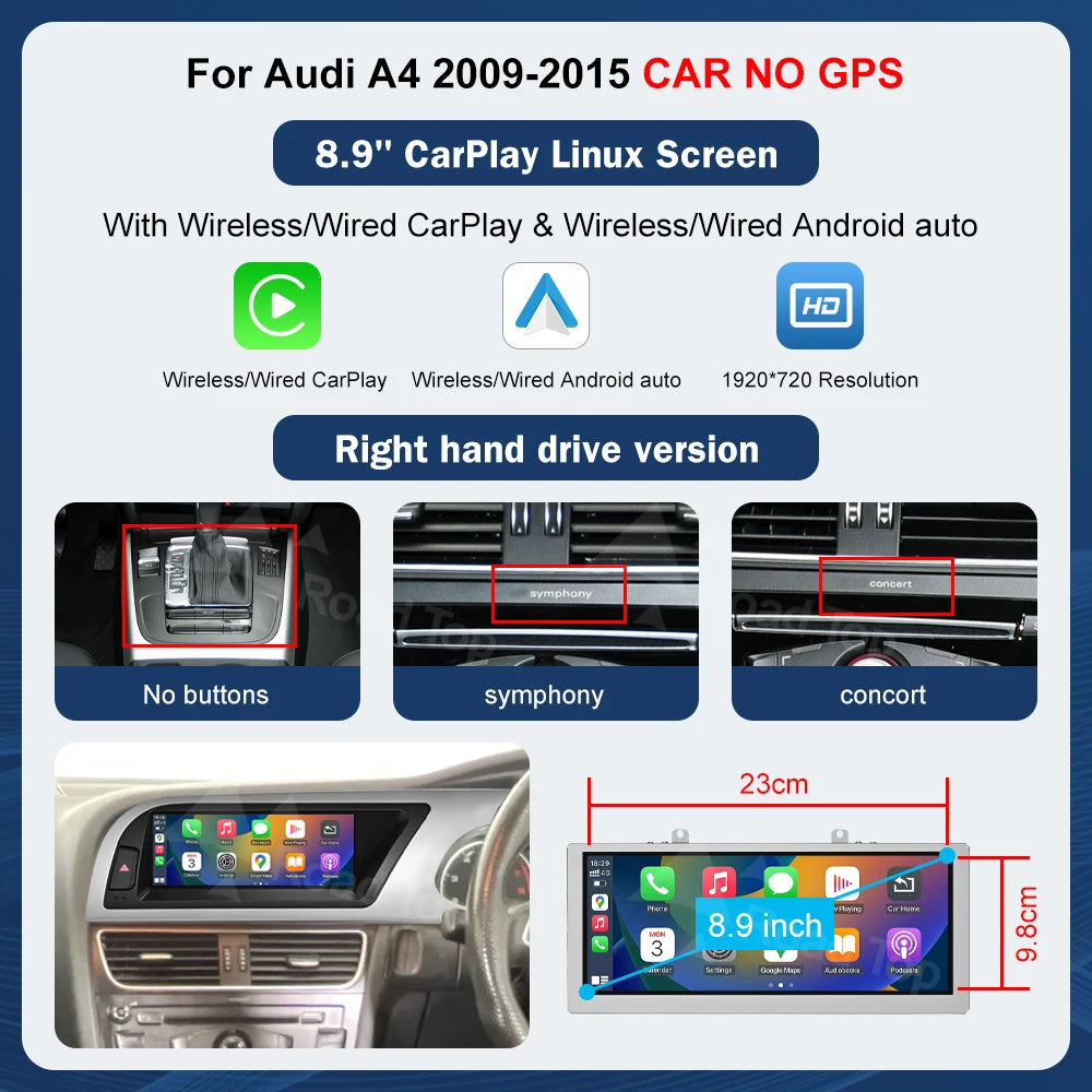 8.9 Inch 12.3"" Multimedia Display Touch Screen For Audi A4 S4 2009-2015 Airplay Miracast Function Wireless Carplay Android Auto