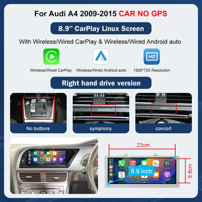 8.9 Inch 12.3"" Multimedia Display Touch Screen For Audi A4 S4 2009-2015 Airplay Miracast Function Wireless Carplay Android Auto