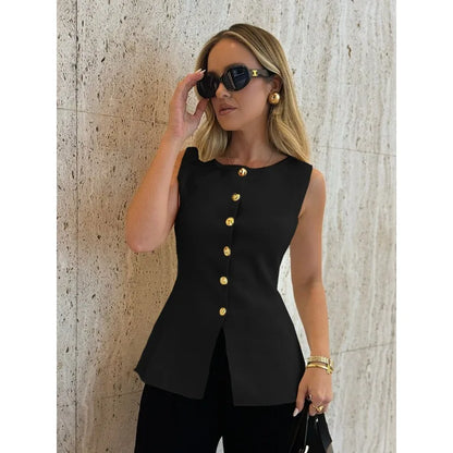 New Women's Tank Top Clothes Women's Fashion Gold Button Embellished Knit Undershirt