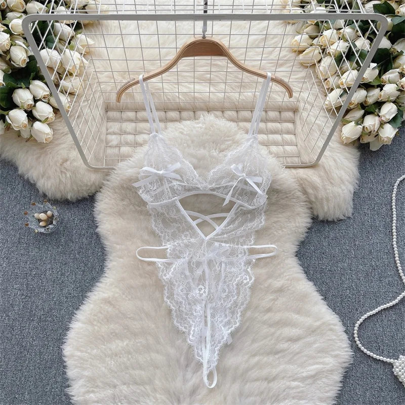 Sexy Lace Strap Jumpsuit Slim Fit Transparent Women's Pajamas Halter Playsuit Erotic Lingerie Catsuit Backless Hollowed Bodysuit