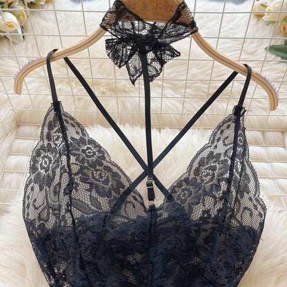 Sexy Lace Strap Jumpsuit Slim Fit Transparent Women's Pajamas Halter Playsuit Erotic Lingerie Catsuit Backless Hollowed Bodysuit