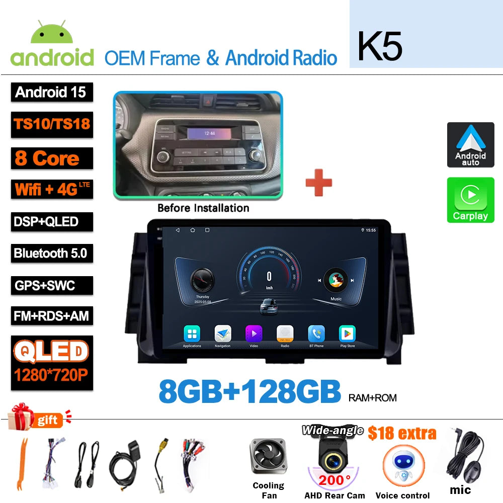 Android 16For NISSAN MICRA KICKS 2017 2018 2019 4G WIFI Car Radio Multimedia Video Player GPS Navigation No 2Din Touch Screen