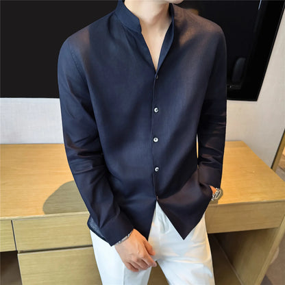 100% Linen Long Sleeve Shirt for Men Stand Up Collar Summer Loose Fit Solid Color Casual Formal Wear