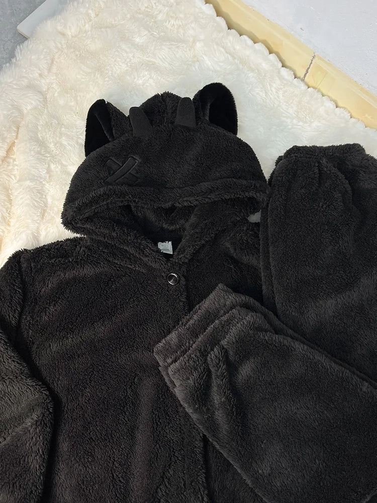 Couple's Black Coral Fleece Pajamas Thickened Fluffy Home Clothes Cartoon Pattern Unisex Long Sleeve Sleepwear for Autumn Winter